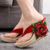 Embroidered Floral Slippers Platform Wedges Sandals Large Size Sandals Non-slip Lightweight Seaside Flip-flops Sapatos Femininos