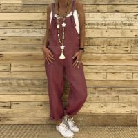 Woman Cotton Linen Suspender Pants Solid Color Loose Bib Straight Leg Jumpsuits Vintage Baggy Overalls Trousers Pockets Playsuit