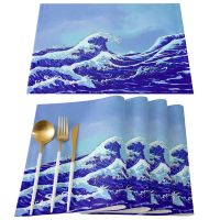 Sea Waves Blue Natural 4/6pcs Table Pad Mats for Dining Table Home Kitchen Decor Accessories Linen Placemats Coaster