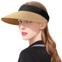 Women Straw Roll Up Sun Visor Hat Large Wide Brim Summer UV Protection Oversized Visors Beach Cap Foldable Adjustable