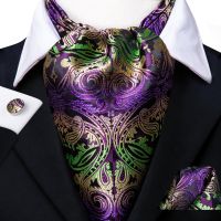 Hi-Tie Luxury Paisley Cravat for Men Purple Green Pocket Square Cufflinks Ascot Scarf Tie New Men 39;s Casual Ascot Cravat Tie Set