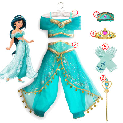 Jasmine Dress Aladdin Princess Magic Lamp Girls Birthday Party Cosplay Costume Top Pant Headband Carnival Clothes Vestido...