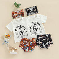 【Forever CY Baby】Baby Girls Shorts Set, Short Sleeve Horse Print T-Shirt With Elastic Waist Shorts And Bowknot Hairband