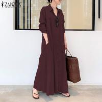 ZANZEA Women Long Sleeve Lapel Collar Split Hem Solid Color Maxi Dress