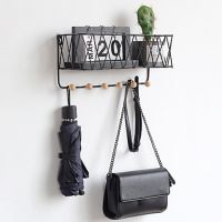 【YF】 New 1pc Metal Wood Wall Mount Storage Shelf Rack Hanging Basket with Hooks Book Key Bag Holder Racks Home Organizer