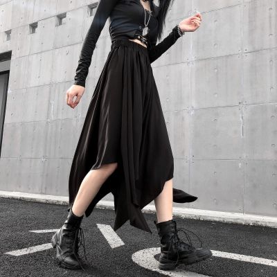 ‘；’ Dark Black Irregular High Waist Skirt Goth Punk Gothic Black Harajuku Long Vintage Skirt Korean Fashion Clothing
