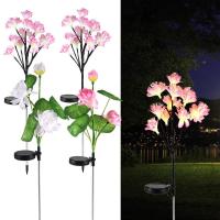 2ชิ้นเสาไฟบัวแสงอาทิตย์600MAh โคมไฟพลังงานแสงอาทิตย์ Camellia สมจริงดอกไม้ LED โคมไฟสนามหญ้าพลังงานแสงอาทิตย์เสาไฟตกแต่งบัวแสงอาทิตย์พลังงานแสงอาทิตย์