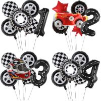 6pcs Race Car Theme Balloon Set With 40 inch Number Balloon Wheel Checkered Foil Globos Kids Boys Birthday Party Decor Supplies Pipe Fittings Accessor