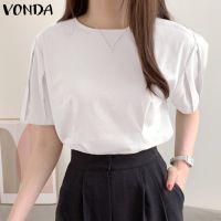 COD DSFERTRETRE VONDA Women Casual Korean Short Sleeve Crew Neck Solid Color Pleated Blouse