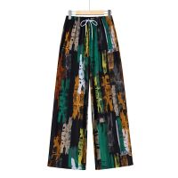 【มีไซส์ใหญ่】Plus Size XL-3XL Womens Elasitc Waist Floral Printed Spring Summer Pants Vintage Wide Leg Female Ankle Trousers