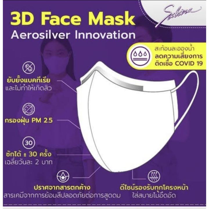 sabina-หน้ากากอนามัย-หน้ากากผ้า-ผ้าปิดจมูก-sabina-3d-face-mask-aerosilver-innovation-ซองน้ำเงิน