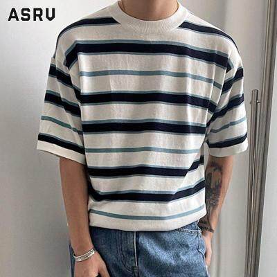 ASRV เสื้อยืดผู้ชาย เสื้อผ้าผู้ชาย t shirt for men เสื้อยืดแขนสั้นผู้ชายฤดูร้อนถักบางลายทางผ้าไหมน้ำแข็งแขนครึ่ง