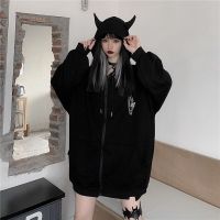 Gothic เสื้อผ้า Harajuku Hoodies Devil Horns เสื้อ Zip Up Hoodie หลวม Pullovers เสื้อแขนยาว Streetwear