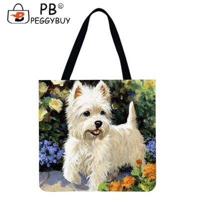 Fashion Cartoon Animal Sunflower Dog Printed Shoulder Shopping Tote Bag Casual All match Large Capacity Linen Handbags (40x40cm)