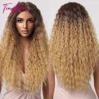 Long Curly Synthetic Lace Wigs Brown Ginger Yellow Highlight T-Middle Part Lace Wig for Black Women Cosplay Afro Deep Wave Hair Wig  Hair Extensions P