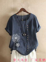 Womens Vintage Cotton And Linen Printed Loose Casual Short-Sleeved Shirt Blouse