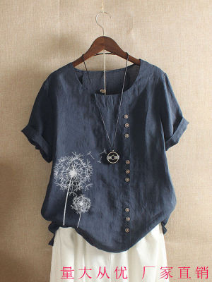 Womens Vintage Cotton And Linen Printed Loose Casual Short-Sleeved Shirt Blouse