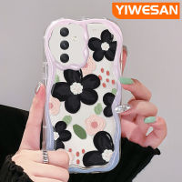 YIWESAN A54ปลอกสำหรับ Samsung 5G A33 5G A34 5G A53 5G A73 5G น้ำมันเคสภาพวาดลายดอกไม้สีดำสวยๆมีสีสันลายคลื่นเนื้อครีมเคสนิ่มเคสโทรศัพท์โปร่งใสกันกระแทกซิลิโคนใส