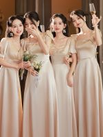 Champagne Bridesmaid Dress Luxurious Satin V Neck Puff Sleeves Wedding Party Simple A Line Long Formal Banquet Gown