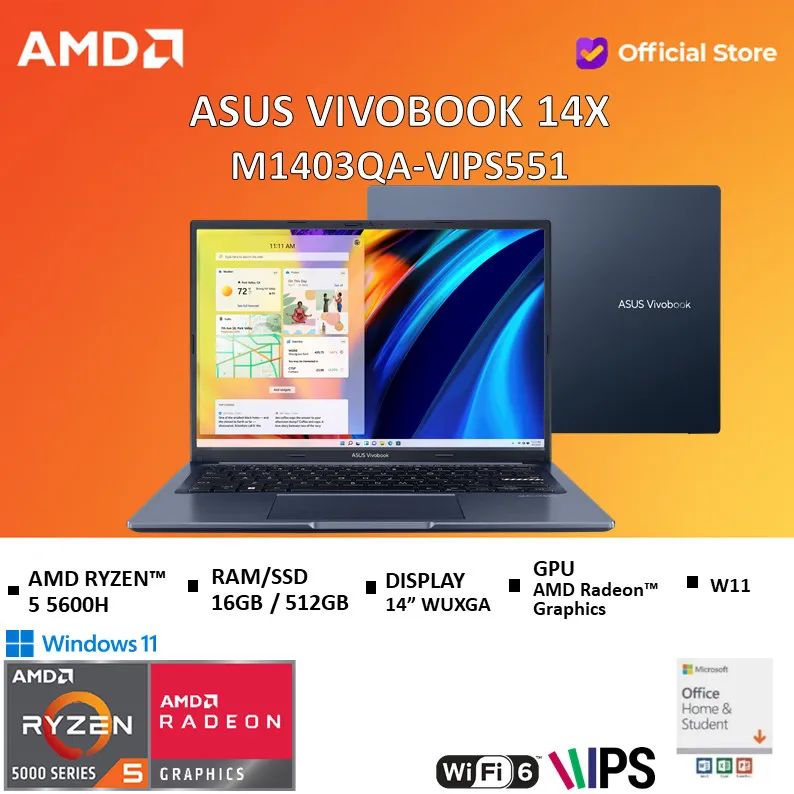 ASUS VIVOBOOK 14X M1403QA RYZEN 5 5600H 8GB 512SSD W11+OHS IPS