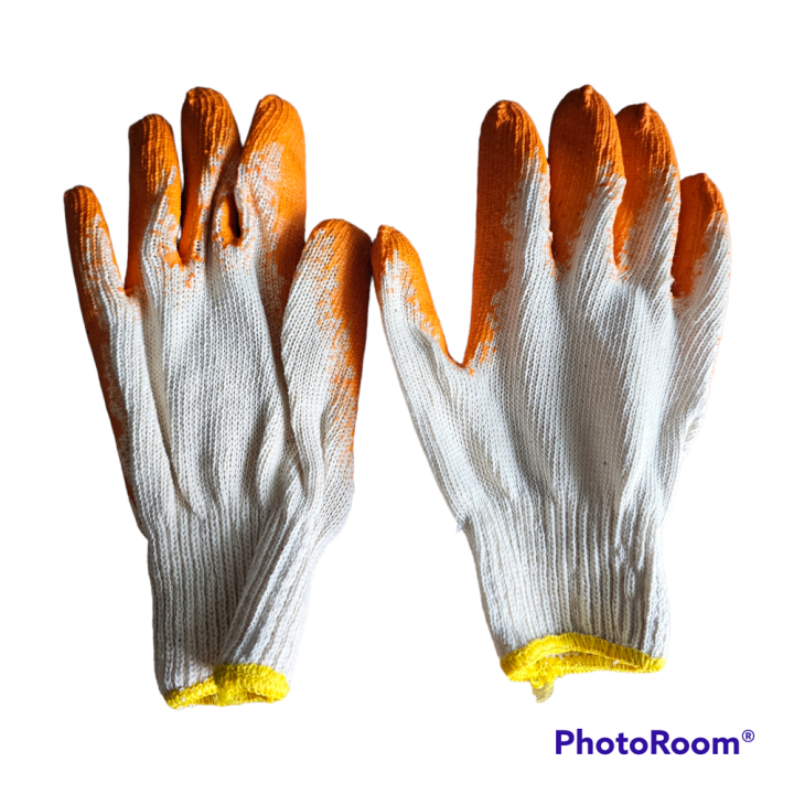 ถุงมือผ้าทอเคลือบยางธรรมชาติสีส้ม-ถุงมือป้องกันบาดกันลื่น-ถุงมือใช้งานอเนกประสงค์-ขายแพ็ค-12คู่