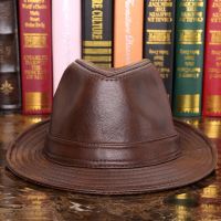 TOP☆Male 100% Genuine Leather Jazz Hat Fedoras Hat Male Sheepskin Fedoras Cap Mens Wide Brim Leather Cowboy Hat B-7284