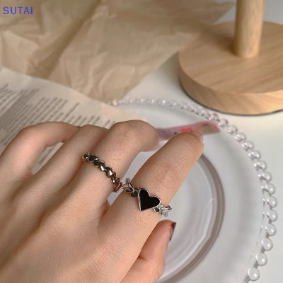 💖【Lowest price】SUTAI ชุดแหวนลายหัวใจแนววินเทจ2ชิ้นสำหรับคู่รักของผู้หญิงคู่รักสาวๆของขวัญปาร์ตี้เครื่องประดับรูปหัวใจสีดำ