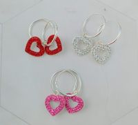 Silver thai heart crystal charm hop earrings  , Dangle Glitter Crystal Heart Charm with big Hoop  Earring made with 925 sterling silver, ต่างหูห่วงหัวใจคริสตัล ทำจากเงินแท้ 925 ต่างหูห่วงคริสตัลหัวใจแวววาว