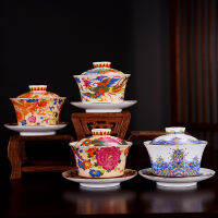 HMLOVE สีเคลือบ Sancai Gaiwan ความจุขนาดใหญ่พอร์ซเลนสีขาวปกชามฝาจานรองบิ๊กถ้วยชาหม้ออบเดินทาง T Eaware ชุด