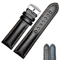 （Bar watchband）สร้อยข้อมือแฮนด์เมดนาฬิกาสายหนังแท้ชายและหญิง,สายรัดนาฬิกาข้อมือวินเทจ18 19 20 21 22 24มม. พร้อมหัวเข็มขัดขัดเงาสีเงิน