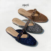 MarchShoes Grace Mule / Blue, Silver, Champagne รองเท้าแตะกากเพชรแบบสวม ส้นเตี้ย สายคาดปักเพชรประดับ มี 3 สี น้ำเงิน เงิน แชมเปญ