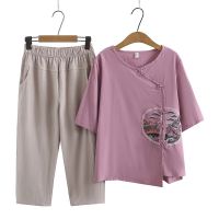 【มีไซส์ใหญ่】Plus Size XL-4XL Womens Full Cotton Summer Sets Short Sleeve Embroidery Tops + Elastic Waist Cropped Pants 2pieces Suits