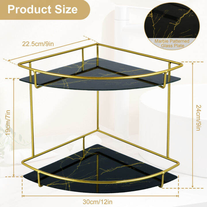 เคาน์เตอร์ห้องน้ำเข้ามุม2ชั้นชั้นวางเข้ามุมเคาน์เตอร์โลหะพร้อมถาดกระจกลายหินอ่อนอุปกรณ์จัดระเบียบโต๊ะเครื่องแป้งชั้นวางเข้ามุมประหยัดพื้นที่ดูแลผิว