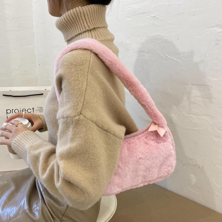 กระเป๋าเงินกระเป๋าแบบหนีบแขนตุ๊กตาสีทึบสำหรับผู้หญิงกระเป๋าถือสะพายไหล่ย้อนยุค-สีชมพู