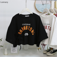 Lemary 2023แฟชันใหม่สำหรับฤดูร้อน,เสื้อยืดพิมพ์ลายตัวอักษรมีเชือกผูกเสื้อครอปทรงหลวมแขนสั้นเสื้อผู้หญิงคอกลมเก๋ไก๋