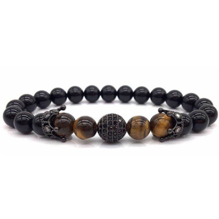 มงกุฎสร้อยข้อมือที่มีเสน่ห์สำหรับผู้หญิง-cz-king-ลูกปัดหินหินโอนิกซ์สีด้านธรรมชาติสำหรับผู้ชายปรับขนาดได้ใหม่ทันสมัย