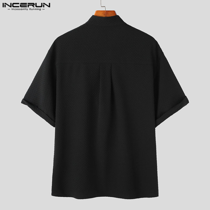 incerun-เสื้อลำลองหงิกงอผู้ชายแขนสั้นคอจีนวินเทจสีฮิต-สไตล์จีน