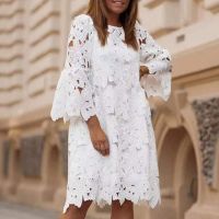 Fashion White Embroidered Summer Dress Women 2022 Elegant O Neck Half Sleeve Pullover Ladies Casual Hollow Loose Dresses