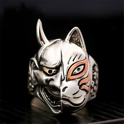 Fashion Vintage Pop Japanese Prajna Mask Hip Hop Rock Punk Metal Personality Ring for Men Women Asymmetry Rings