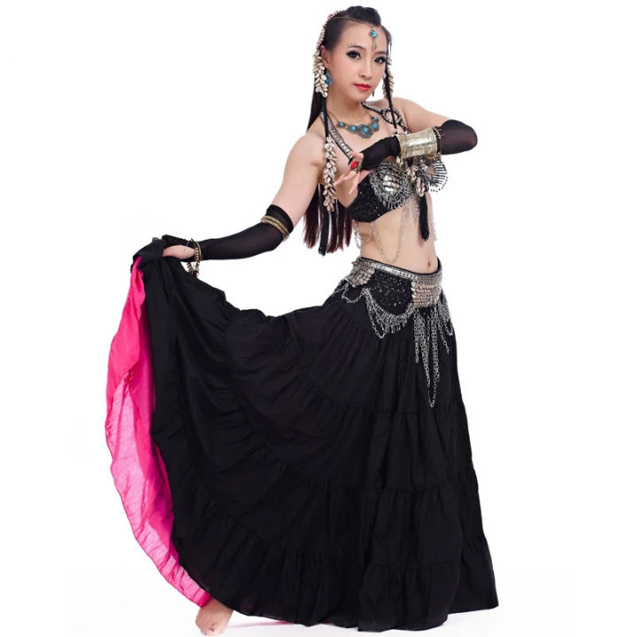 Women Tribal Belly Dance Wear 4 Pieces Outfit Set Antique Bronze Beads Belt Skirts Gypsy Dance 