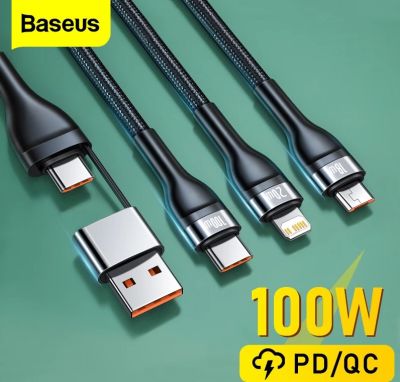 Fast Charge สายชาร์จหัวType C Baseus 3 In 1 สายชาร์จ Usb 100W Fast Charge Data Cable USB to M+L+C