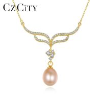 CZCITY Natural Pearls Pendant Necklace Deer Horn Shaped 925 Silver Necklaces Fine Jewelry for Women Wedding Christmas FN-0278