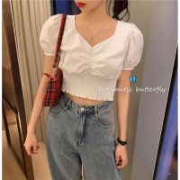 BOUND （in stock）Korea style Folds Elastic waist Bubble sleeves Crop top