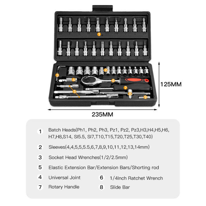 vastar-46ชิ้น-เซ็ต0-25นิ้วเครื่องมือซ่อมรถยนต์ชุดกล่องประแจประแจกระบอกเครื่องมือไขควงชุด