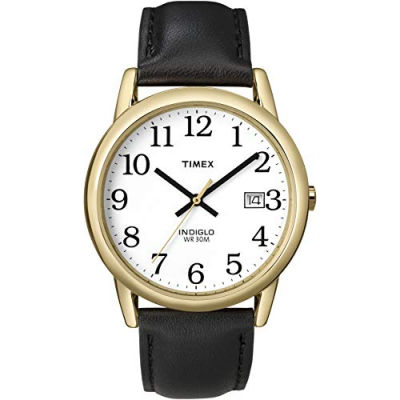 Timex T2H291 Mens Indiglo Easy Reader Gold Tone White Dial Leather Band Analog Watch