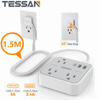 1.5M Ultra Thin Flat Extension Cord  with USB C Port, TESSAN Flat Plug Power Strip with 3 USB Ports 5 FT, Low Profile Flat Head Wall Plug Outlet Concealer with 3 Outlets for Cruise Ship, Office, School, Travel, Dorm Room