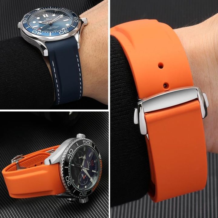 สายนาฬิกาซิลิโคนปลอดฝุ่นสำหรับนาฬิกา-omega-at150-seamaster-007-สายนาฬิกายางสีน้ำเงินส้ม-20-มม-22-มม