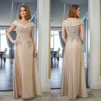 【YF】 New Chiffon Mother Of The Bride Dresses V-Neck Off-Shoulder Short Sleeve Pleat Lace Applique Beaded Crystal Evening Prom Gown