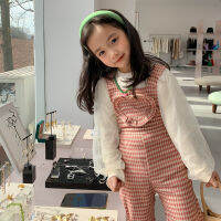Spring cute Girls knitted little plaid overalls children love slim flared suspenders trousers