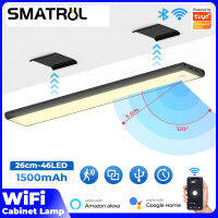 SMATRUL Tuya ไฟตู้แอลอีดีไร้สาย,เซ็นเซอร์ตรวจจับการเคลื่อนไหวเปลือกโลหะไฟ Led กลางคืนอินฟราเรดชาร์จไฟได้ไร้สายแม่เหล็กความสว่างที่ปรับได้สำหรับตู้เสื้อผ้าโคมไฟตู้ใสครัวเบาเสียงสนับสนุน Alexa Google Home สมาร์ทอาศัยอยู่ตรวจจับการเคลื่อนไหวมนุษย์